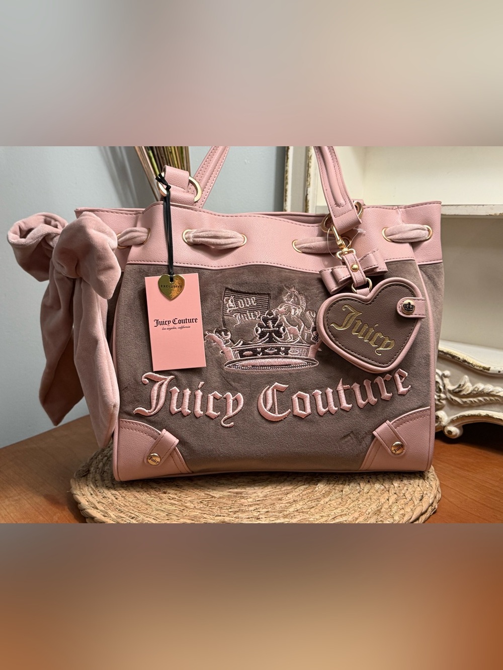 Juicy Couture Crown Embroidered Logo Tote in Iced Coffee with Heart Mirror Charm